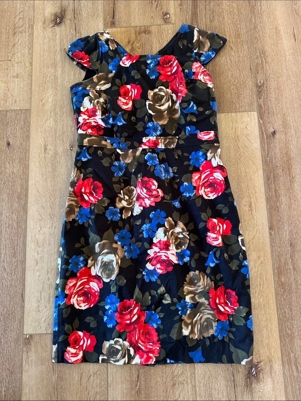J. Peterman | Black Dress with Red and Blue Floral Accents | size 12